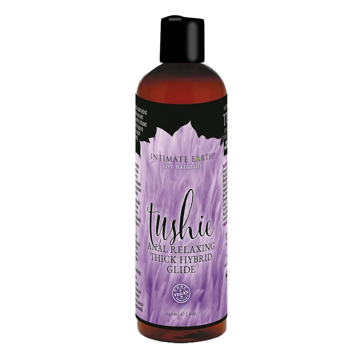 Direct studio shot of the large 240 ml (8 fl oz) amber bottle of Intimate Earth Tushie anal relaxing thick hybrid glide with pure vegan certification logo.