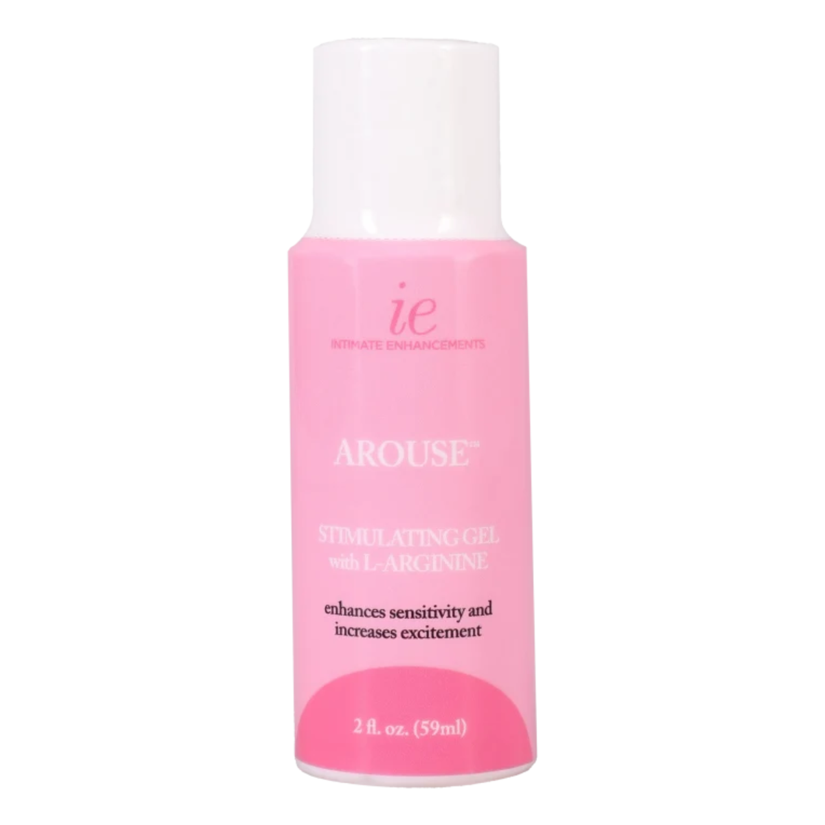 Front studio shot of the 2 fl oz (59 ml) bottle of Intimate Enhancements Arouse Stimulating Gel with L-Arginine, featuring pink branding and a white cap.