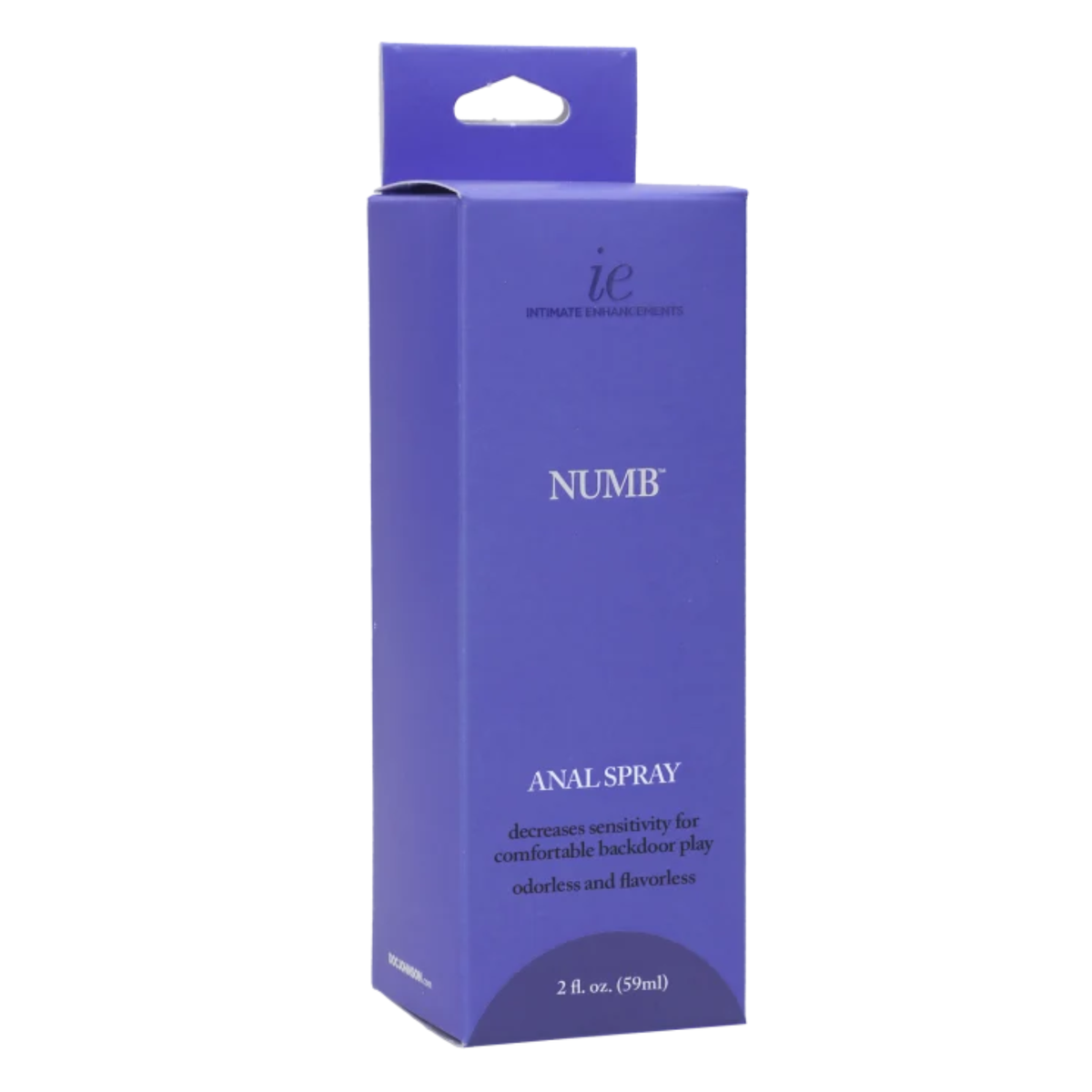 Perspective view of the purple hanging retail box for Intimate Enhancements Numb Anal Spray, displaying front product branding and volume specification. Imagen principal del producto
