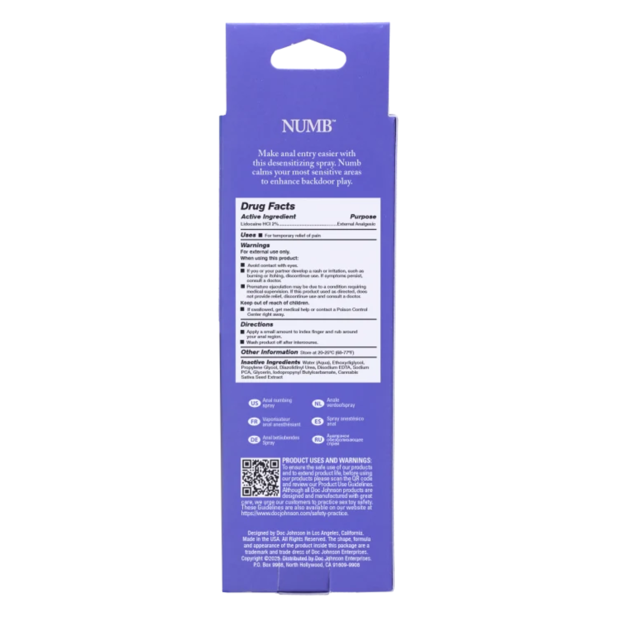 Back panel view of the purple retail box showing Drug Facts (Lidocaine HCl 2%), active ingredients, warnings, application directions, multi-language callouts, and manufacturer details.