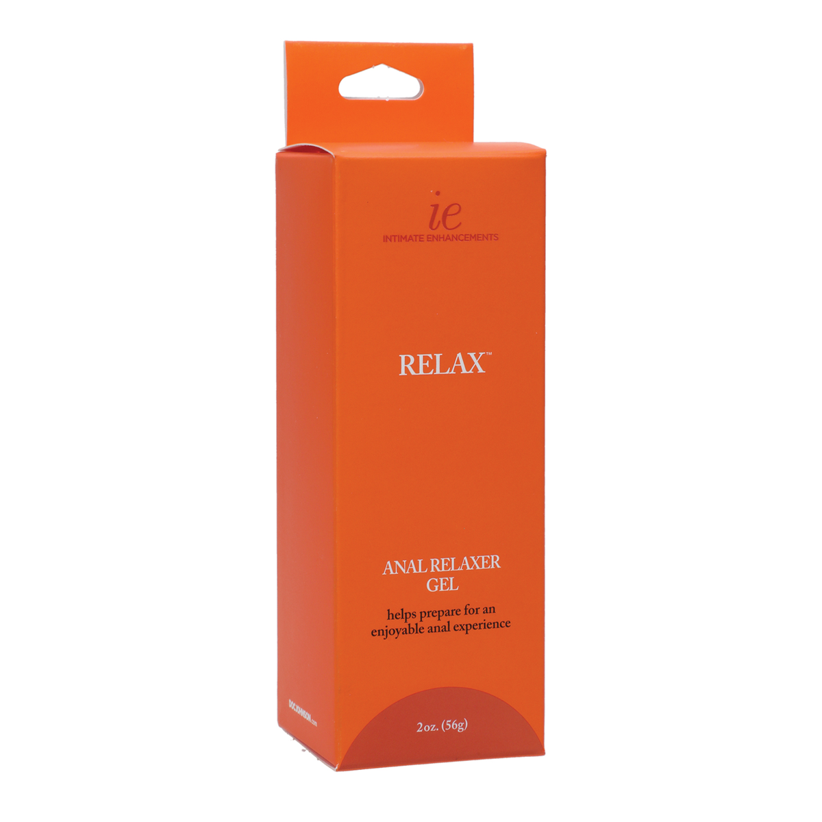 Studio view of the orange hanging retail box for Intimate Enhancements Relax Anal Relaxer Gel, featuring 2 oz (56g) volume branding and core product claims. Imagen principal del producto