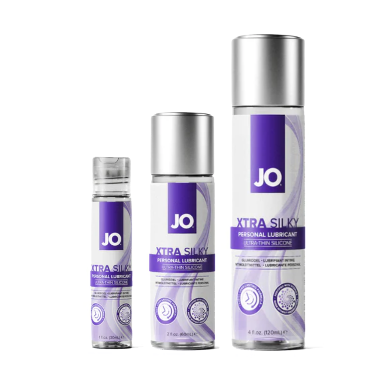 Three different sizes of JO Xtra Silky Personal Lubricant bottles are displayed side-by-side against a white background, increasing in height from left to right. The clear bottles feature purple and white labeling with silver caps. Imagen principal del producto
