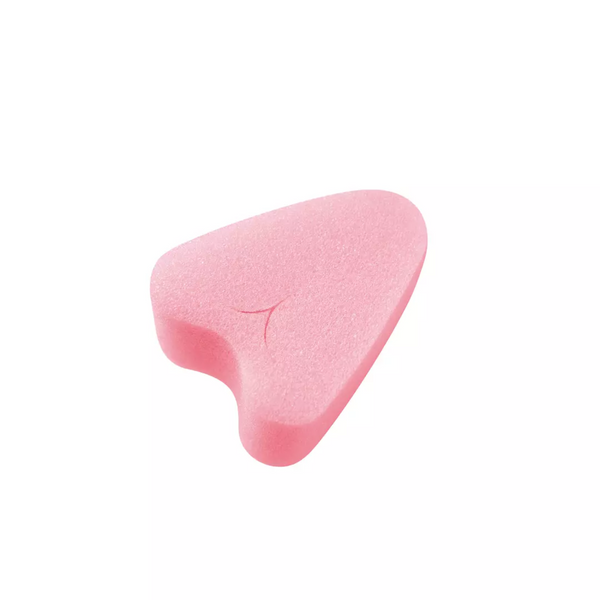 Close-up of a pink, soft, heart-shaped stringless tampon.