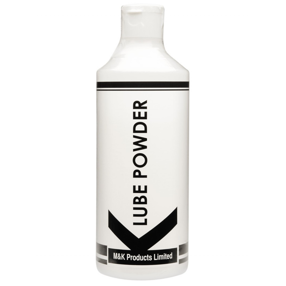A white plastic bottle of K-Lube Powder by M&K Products Limited. The label is minimalist, featuring bold black vertical text that reads "LUBE POWDER" and a large stylized "K" at the bottom. Two black horizontal bands wrap around the top and bottom of the label. The bottle has a white flip-top cap. Imagen principal del producto