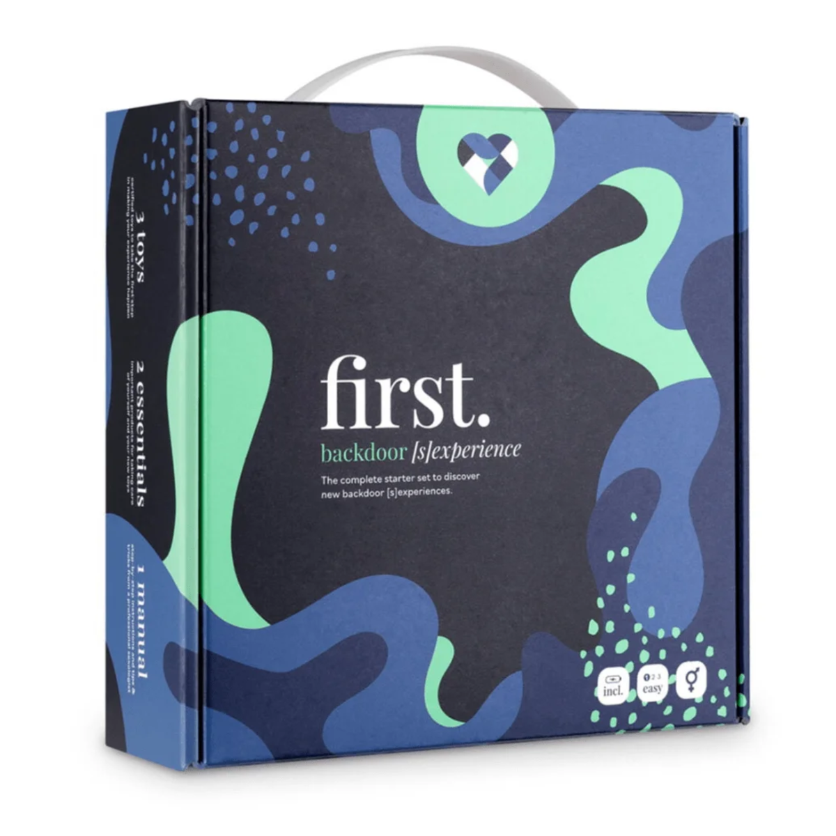 Front view of the dark blue and green box for the LoveBoxxx First Backdoor Starter Set.