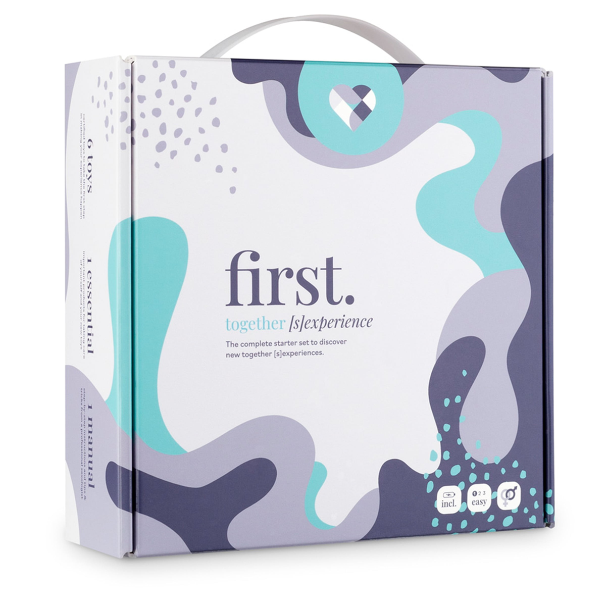 Front view of the white, teal, and purple box for the LoveBoxxx First Together Starter Set. Imagen principal del producto