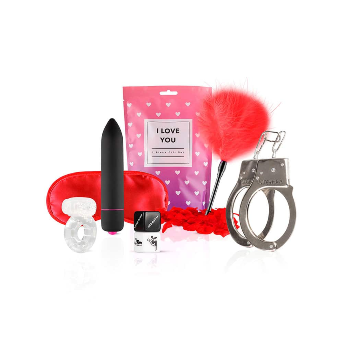 A seven-piece gift set, including a black bullet vibrator, silver metal handcuffs, a red feather tickler, a red eye mask, a bottle of massage oil/lotion, a clear ring, and a bag of rose petals. Imagen principal del producto