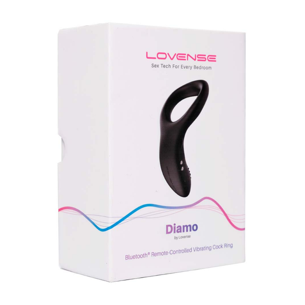 Retail box packaging view for the white Lovense Diamo Bluetooth Remote-Controlled Vibrating Cock Ring box.
