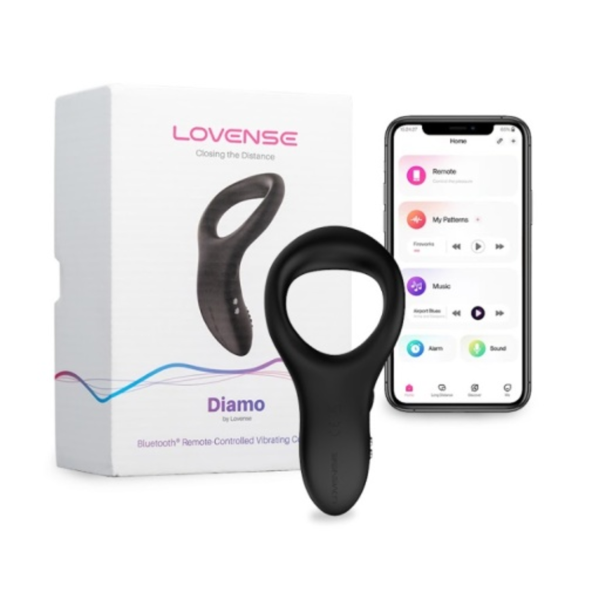 Complete set display showing the black Lovense Diamo cock ring standing in front of its retail box and a smartphone running the Lovense app.