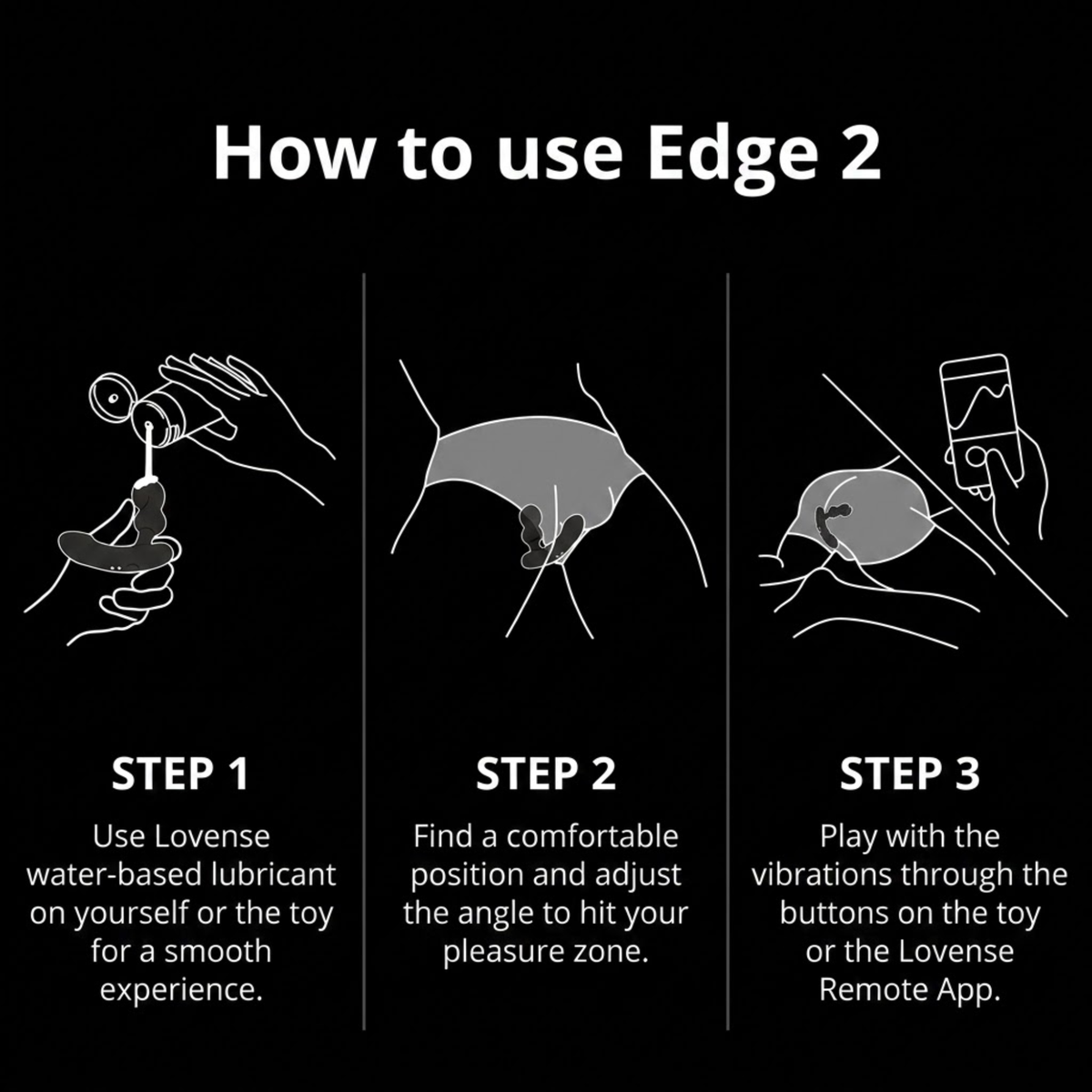 Step-by-step user guide infographic titled "How to use Edge 2", outlining lube application, position adjustment, and app-controlled vibration settings.