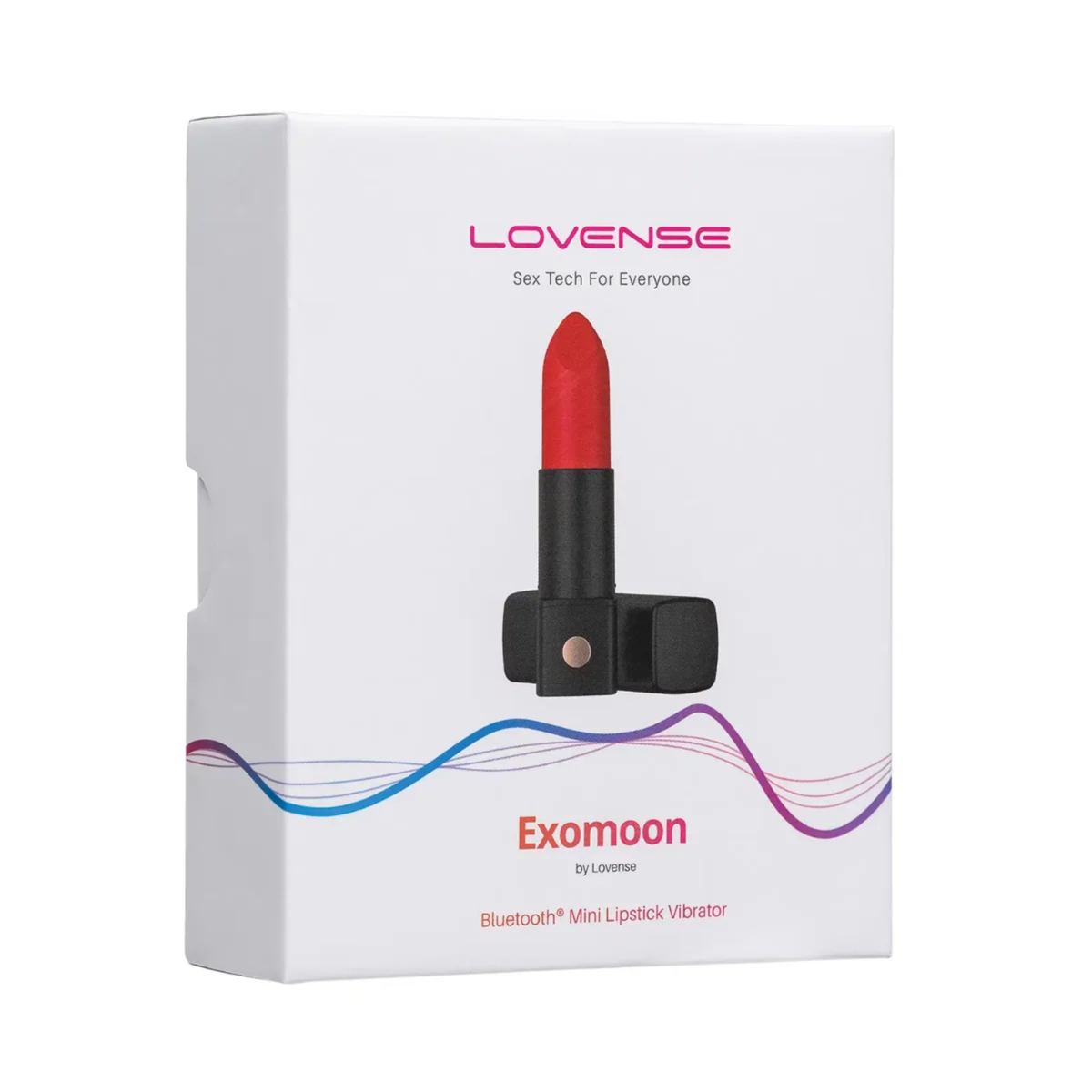 Retail box packaging view for the white Lovense Exomoon Bluetooth Mini Lipstick Vibrator. Imagen principal del producto
