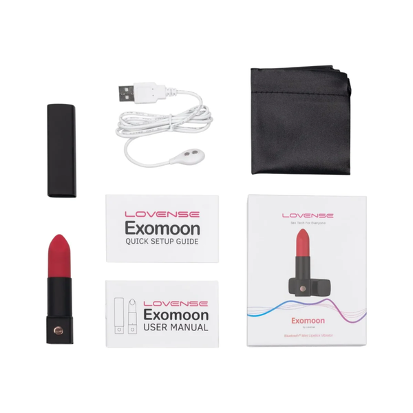 Flat-lay collection shot showing the Lovense Exomoon vibrator, cap, retail box, user manual, quick setup guide, USB charging cable, and black storage pouch.
