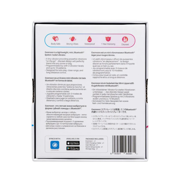 Back panel of the retail box displaying multi-language product features, safety icons (IPX7 Waterproof, Body-Safe), package contents, and barcode.