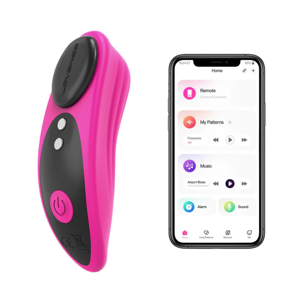 Studio product shot of the pink and black Lovense Ferri magnetic panty vibrator alongside a smartphone showing the Lovense control app interface.