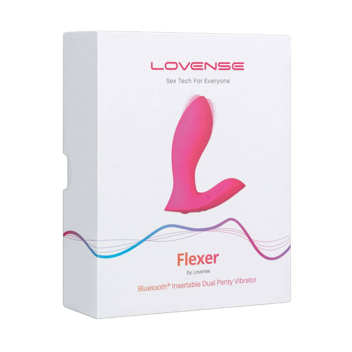 Retail box packaging view for the white Lovense Flexer Bluetooth Insertable Dual Panty Vibrator box. Imagen principal del producto