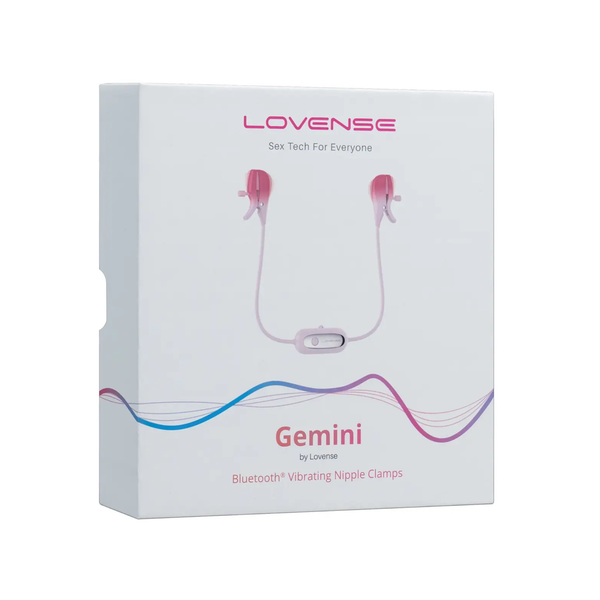 Front packaging shot showing the white retail box for the Lovense Gemini Bluetooth Vibrating Nipple Clamps.