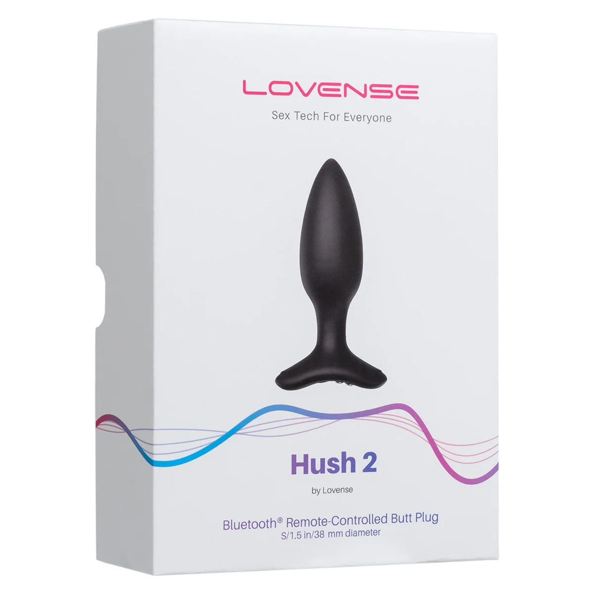 Retail box packaging view for the Lovense Hush 2 Bluetooth Remote-Controlled Butt Plug with  a width of 1.5" (38mm) diameter. Imagen principal del producto