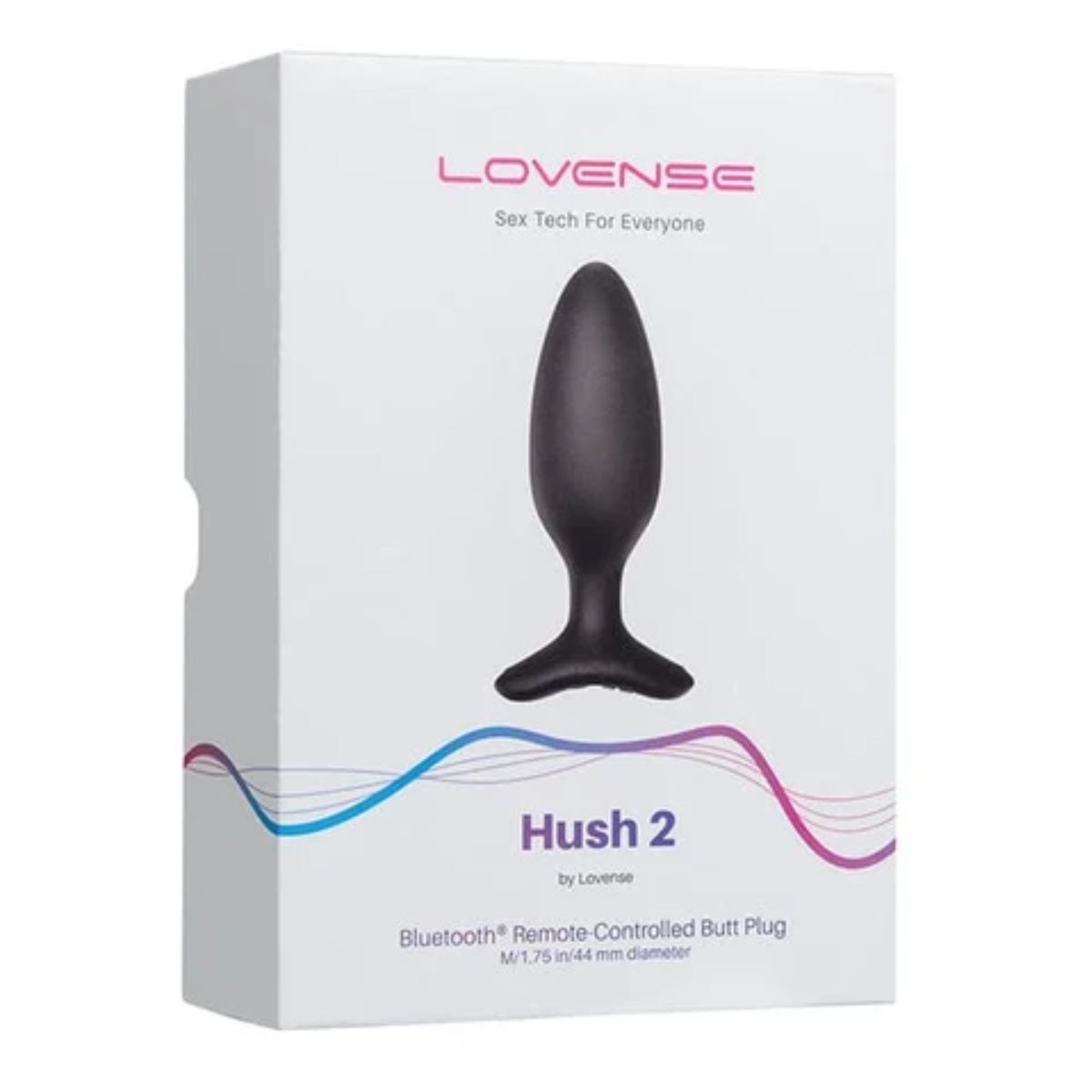 Retail box packaging view for the Lovense Hush 2 Bluetooth Remote-Controlled Butt Plug (Medium / 1.75 in / 44 mm diameter). Imagen principal del producto