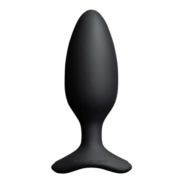 Front studio product shot of the smooth matte black Lovense Hush 2 vibrating butt plug isolated on a white background.