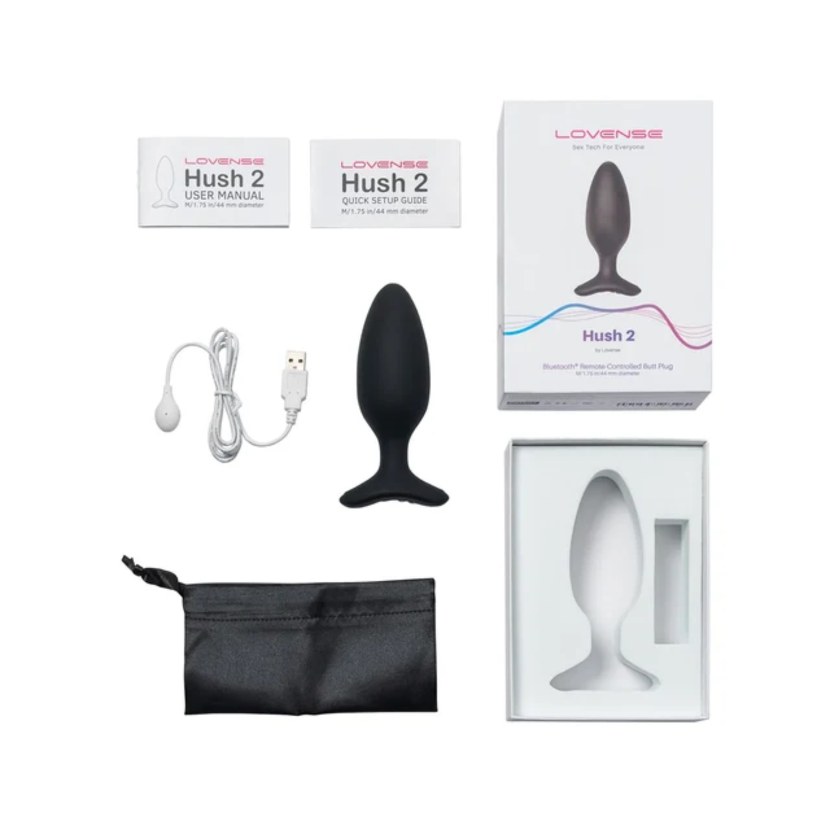 Flat-lay collection photo showing the Lovense Hush 2 butt plug, box, user manual, quick setup guide, USB charging cable, satin storage pouch, and packaging insert.