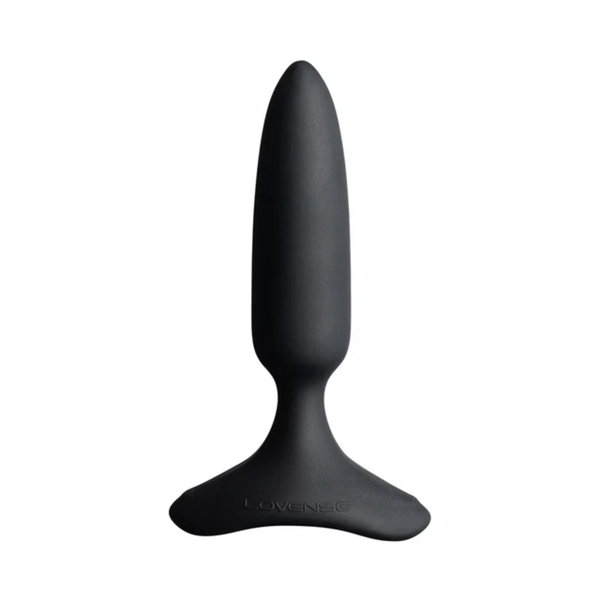 Isolated front view of the smooth matte black Lovense Hush 2 vibrating butt plug standing upright against a white background.