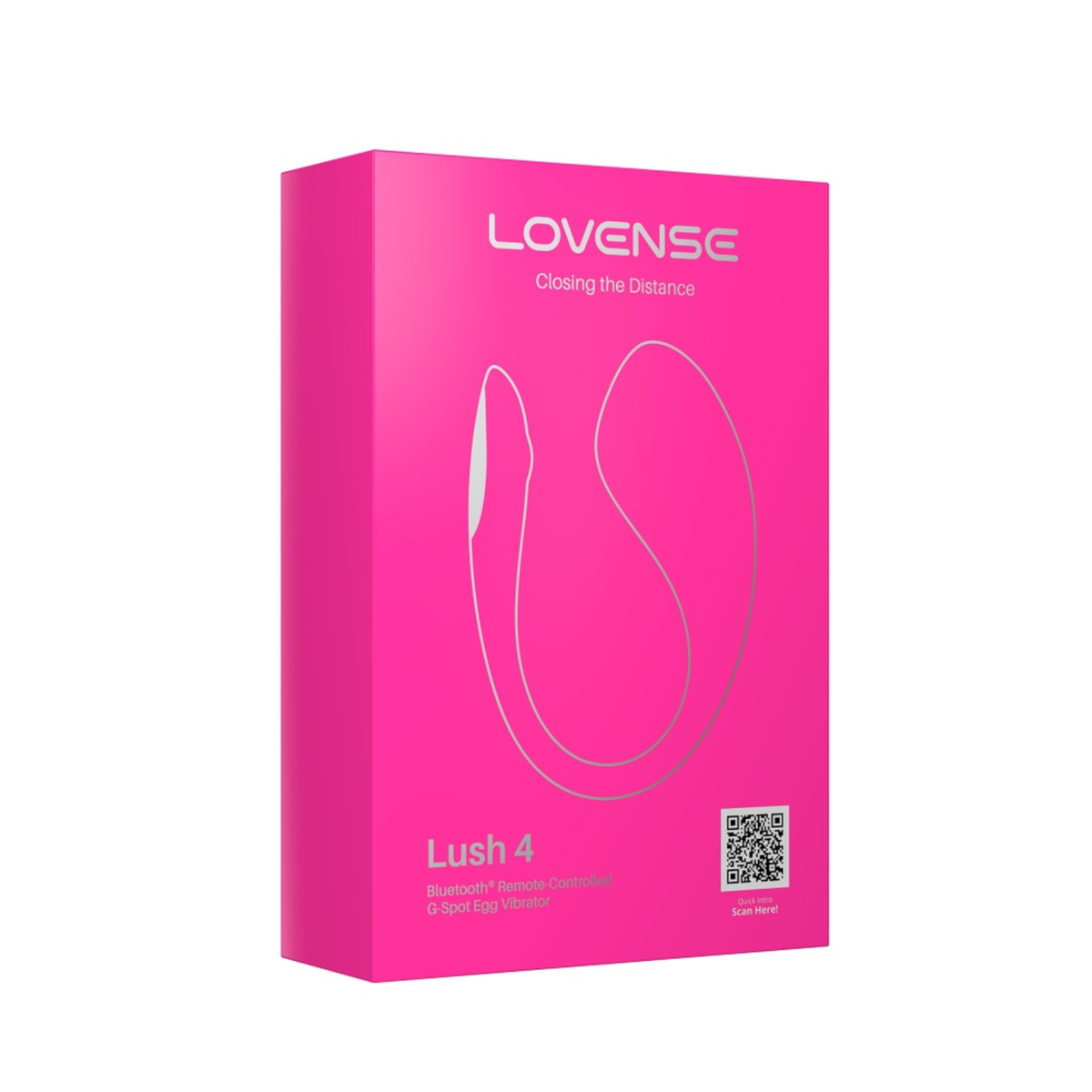Front packaging view of the bright pink retail box for the Lovense Lush 4 Bluetooth Remote-Controlled G-Spot Egg Vibrator. Imagen principal del producto
