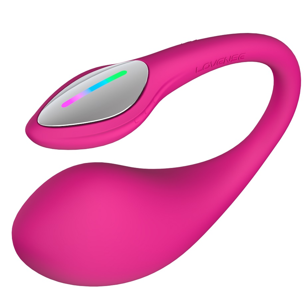 Close-up studio view of the curved pink Lovense Lush 4 vibrator highlighting the glowing multi-colored LED indicator light on its tip.