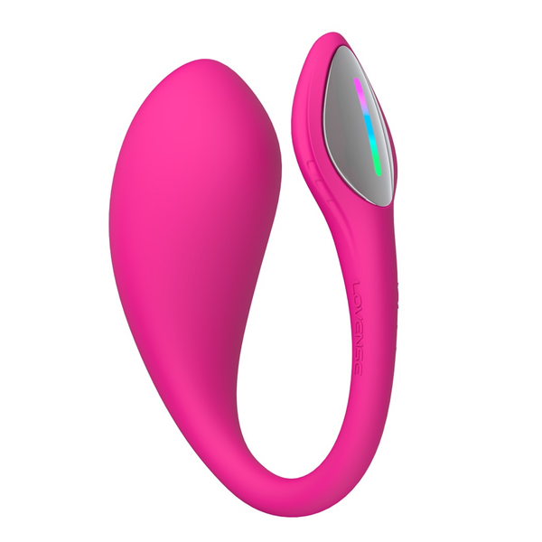 Side profile shot of the pink Lovense Lush 4 showing its ergonomic G-spot curved bulb and flexible retrieval tail.