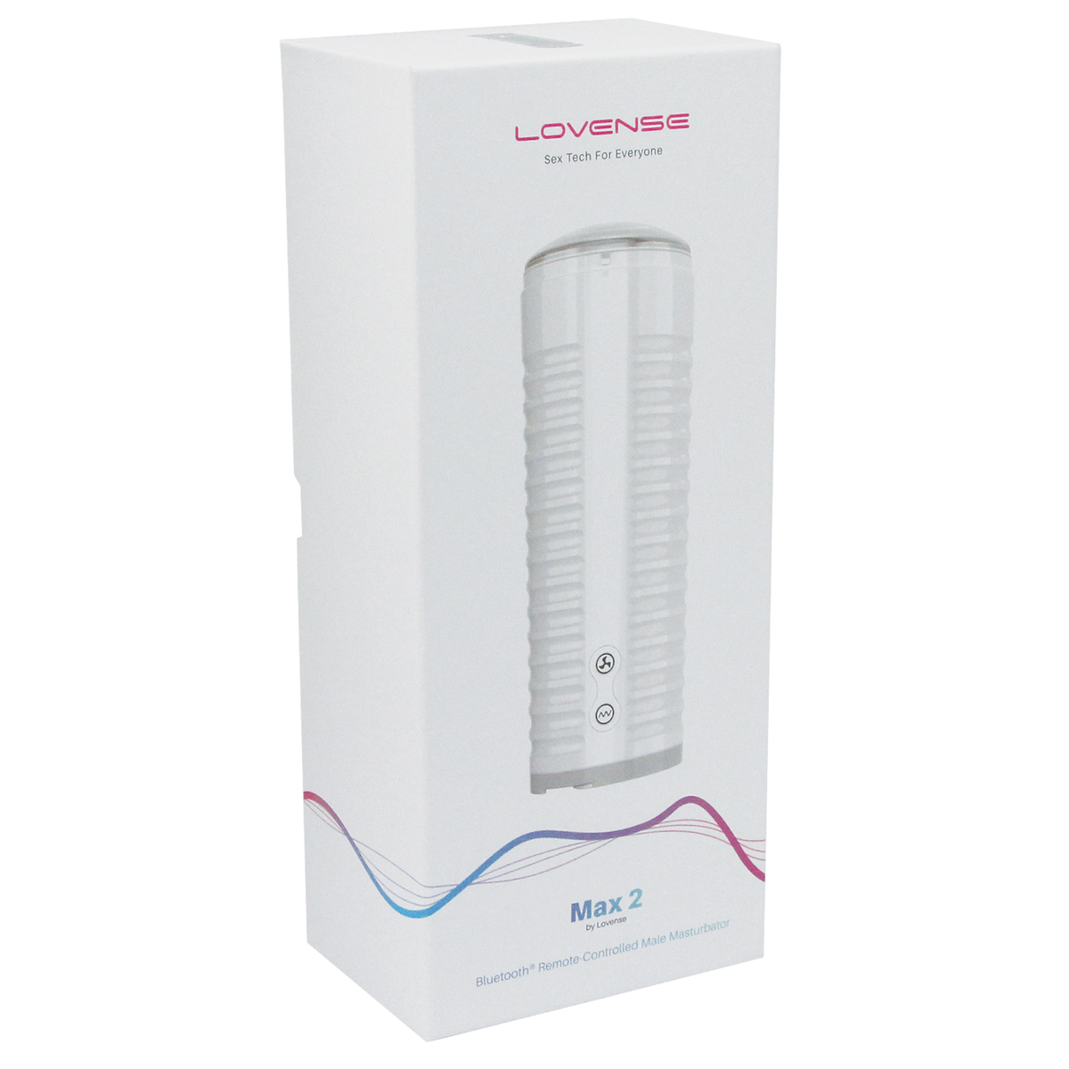 Packaging shot showing the tall, white retail box for the Lovense Max 2 Bluetooth Remote-Controlled Male Masturbator. Imagen principal del producto