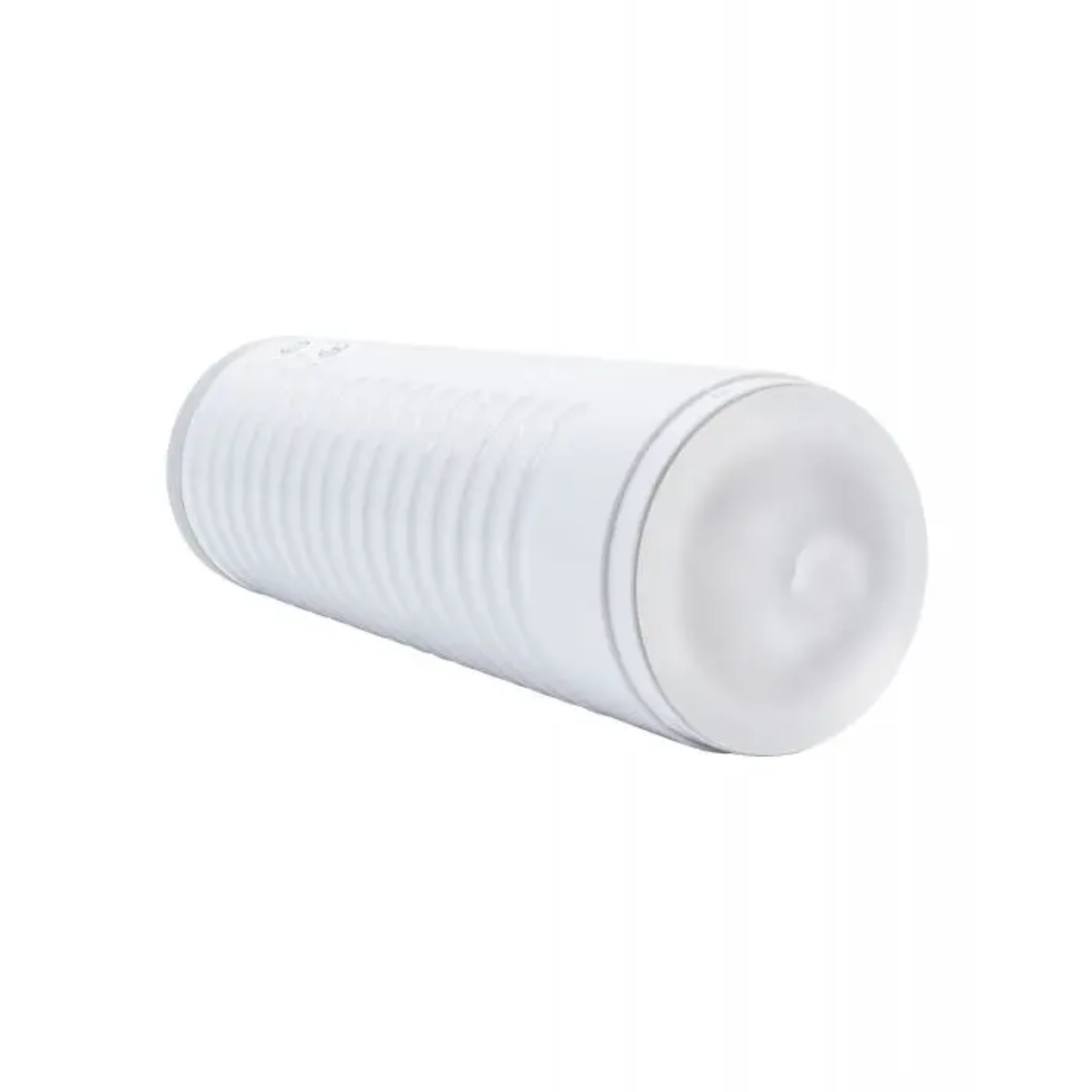 Angled perspective view of the white Lovense Max 2 masturbator lying on its side, providing a view of its top entry sleeve opening.
