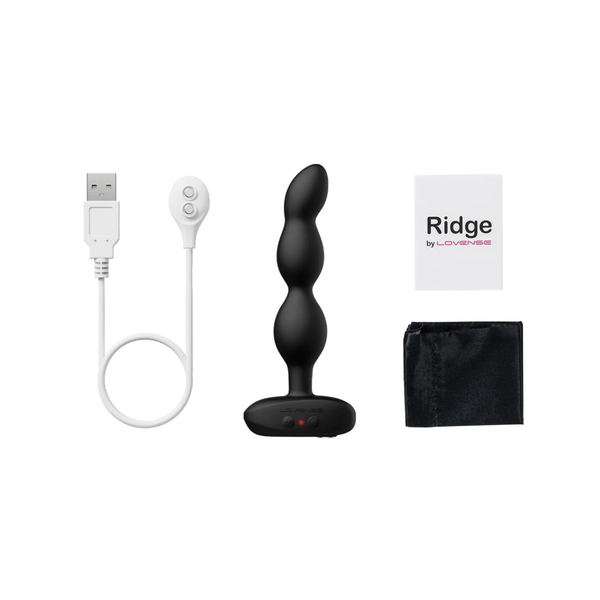 Flat-lay set photo displaying the black Lovense Ridge anal beads, white USB magnetic charging cable, user manual, and black satin storage pouch.