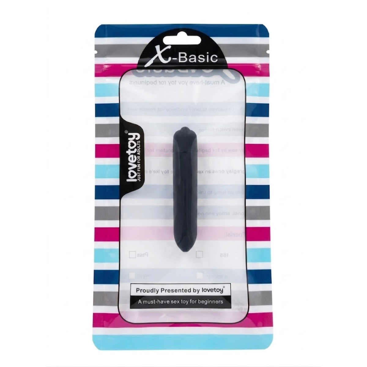 Retail packaging shot showing the matte black Lovetoy X-Basic bullet vibrator displayed inside a striped hanging pouch with a clear window. Imagen principal del producto