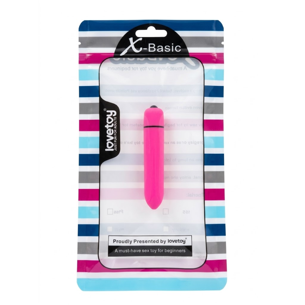 Retail packaging display showing the pink Lovetoy X-Basic bullet vibrator visible inside its striped hanging pouch with clear front window. Imagen principal del producto