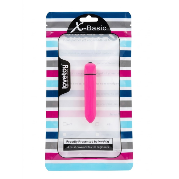 Retail packaging display showing the pink Lovetoy X-Basic bullet vibrator visible inside its striped hanging pouch with clear front window.