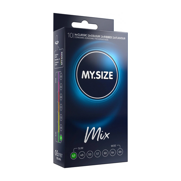 An image of a box of MY.SIZE 47mm Mix condoms. The box is dark blue with a prominent circular design in the center that glows with blue and white light, featuring the white text MY.SIZE. The top of the box indicates it contains a "Mix Box of 10" condoms, including "5x CLASSIC," "2x COLOUR," "2x RIBBED," and "2x FLAVOUR." The bottom front of the box displays a highlighted size "47".