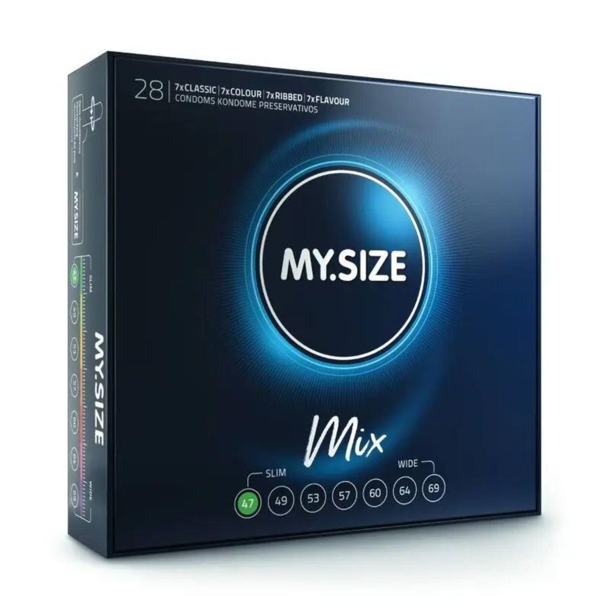 An image of a box of MY.SIZE 47mm Mix condoms. The top of the box indicates it contains a "Mix Box of 28" condoms, including "7x CLASSIC," "7x COLOUR," "7x RIBBED," and "7x FLAVOUR." The bottom front of the box displays a highlighted size "47". Imagen principal del producto