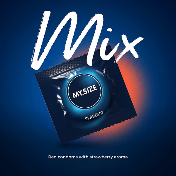 An image of MY.SIZE individual condom wrapper in a gradient blue background. The foil packet has the words MY.SIZE, "FLAVOUR"  and "Mix" written. The bottom of the image includes the descriptive text "Red condoms with strawberry aroma."