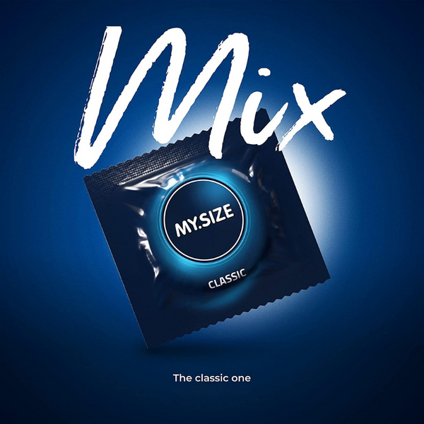 An image of MY.SIZE individual condom wrapper in a gradient blue background. The foil packet has the words MY.SIZE, "Classic" and "Mix" written. The bottom of the image includes the descriptive text The classic one"