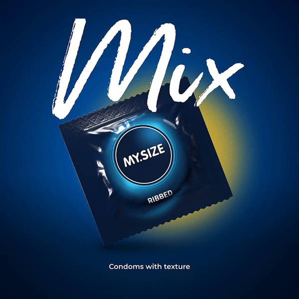 An image of MY.SIZE individual condom wrapper in a gradient blue background. The foil packet has the words MY.SIZE, "Ribbed" and "Mix" written. The bottom of the image includes the descriptive text "Condoms with texture"