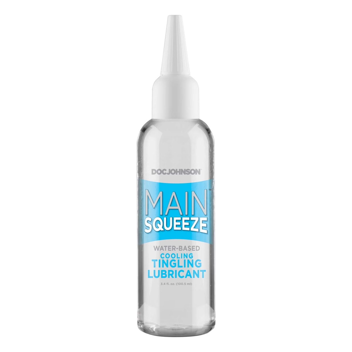 Front product view of the 3.4 fl oz (100.5 ml) clear squeeze bottle of Main Squeeze Cooling & Tingling Water-Based Lubricant with light blue branding and a white precision applicator tip. Imagen principal del producto