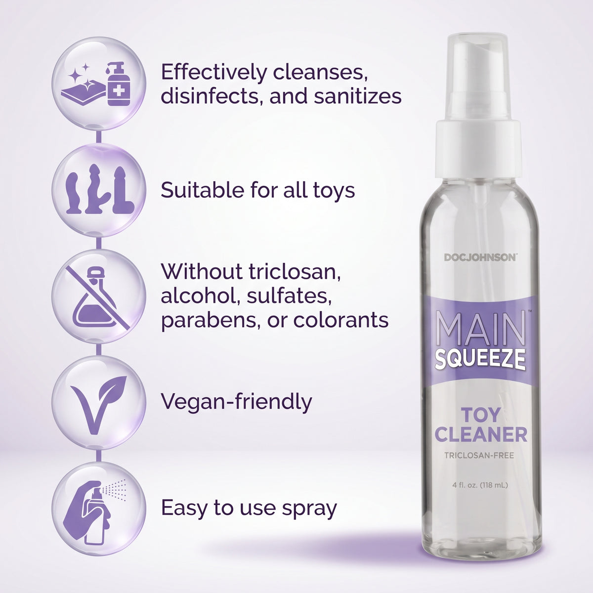 Product feature graphic displaying the 4 fl oz (118 ml) bottle of Doc Johnson Main Squeeze Toy Cleaner alongside five circular icons highlighting key features: effectively cleanses/disinfects, suitable for all toys, free of triclosan/alcohol/sulfates/parabens/colorants, vegan-friendly, and easy-to-use spray design.