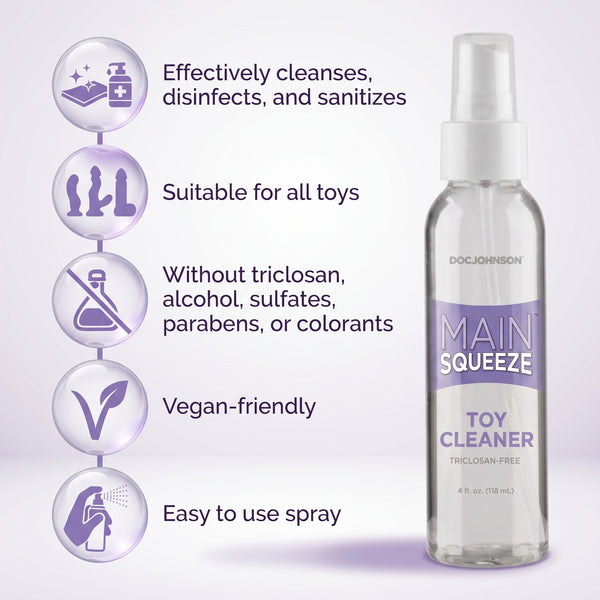 Product feature graphic displaying the 4 fl oz (118 ml) bottle of Doc Johnson Main Squeeze Toy Cleaner alongside five circular icons highlighting key features: effectively cleanses/disinfects, suitable for all toys, free of triclosan/alcohol/sulfates/parabens/colorants, vegan-friendly, and easy-to-use spray design.