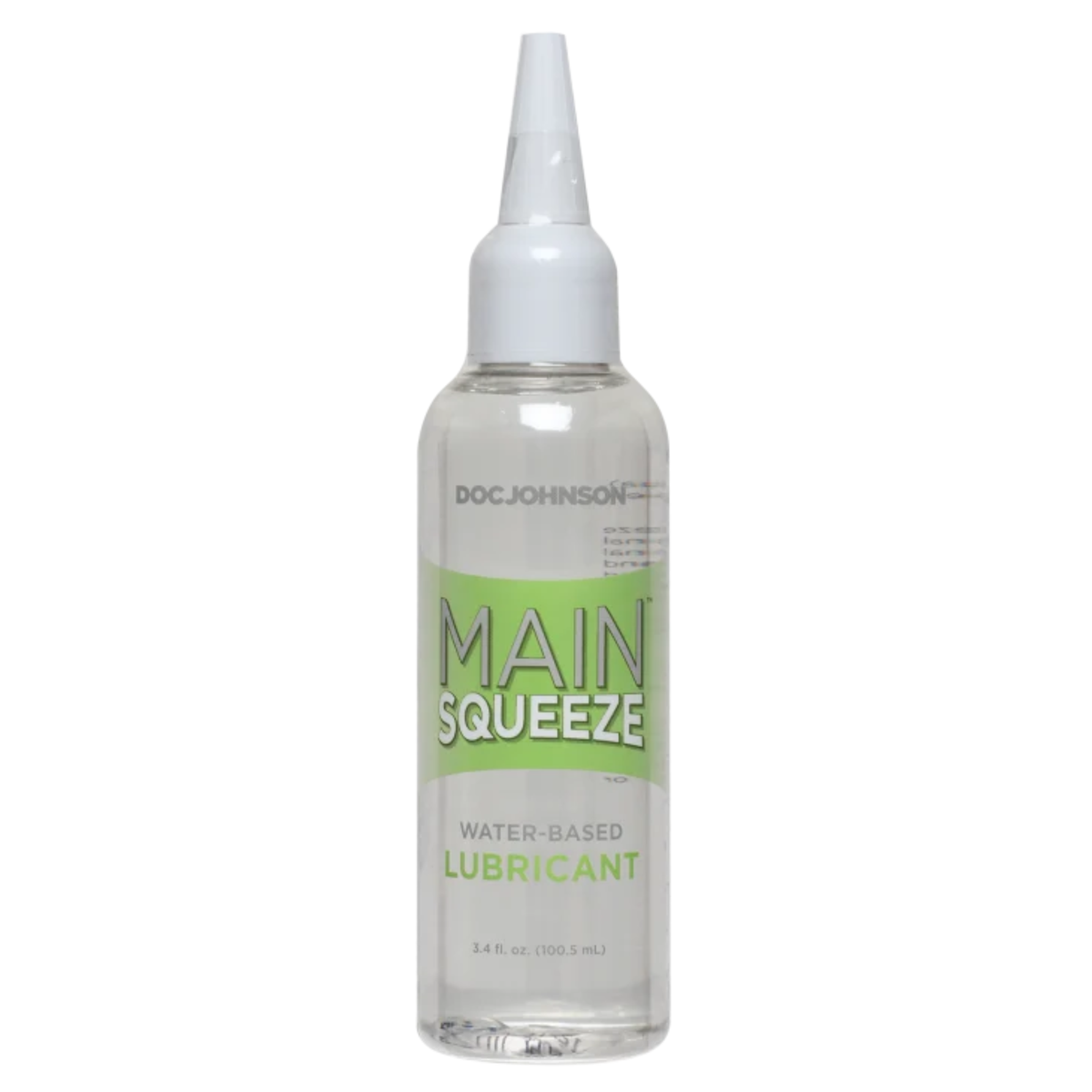 Front studio view of the 3.4 fl oz (100.5 ml) clear squeeze bottle of Main Squeeze Water-Based Lubricant with lime green branding accents and a precision applicator tip. Imagen principal del producto