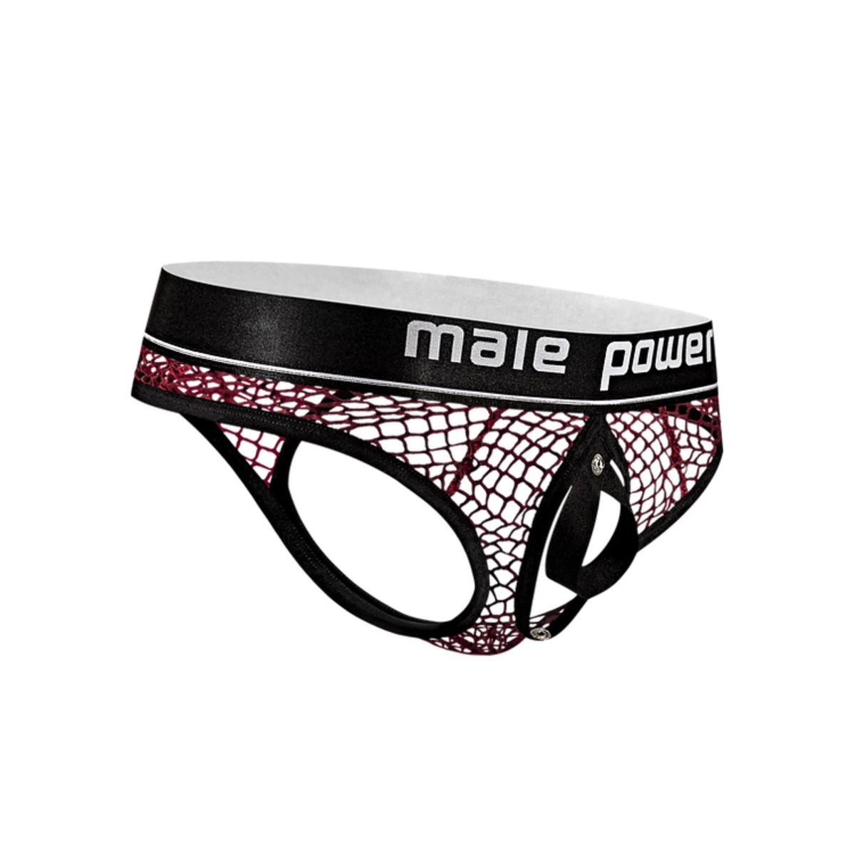 Isolated product view of the burgundy fishnet thong with its front pouch detached, highlighting the "Male Power" branded elastic waistband and exposed interior C-ring loop. Imagen principal del producto