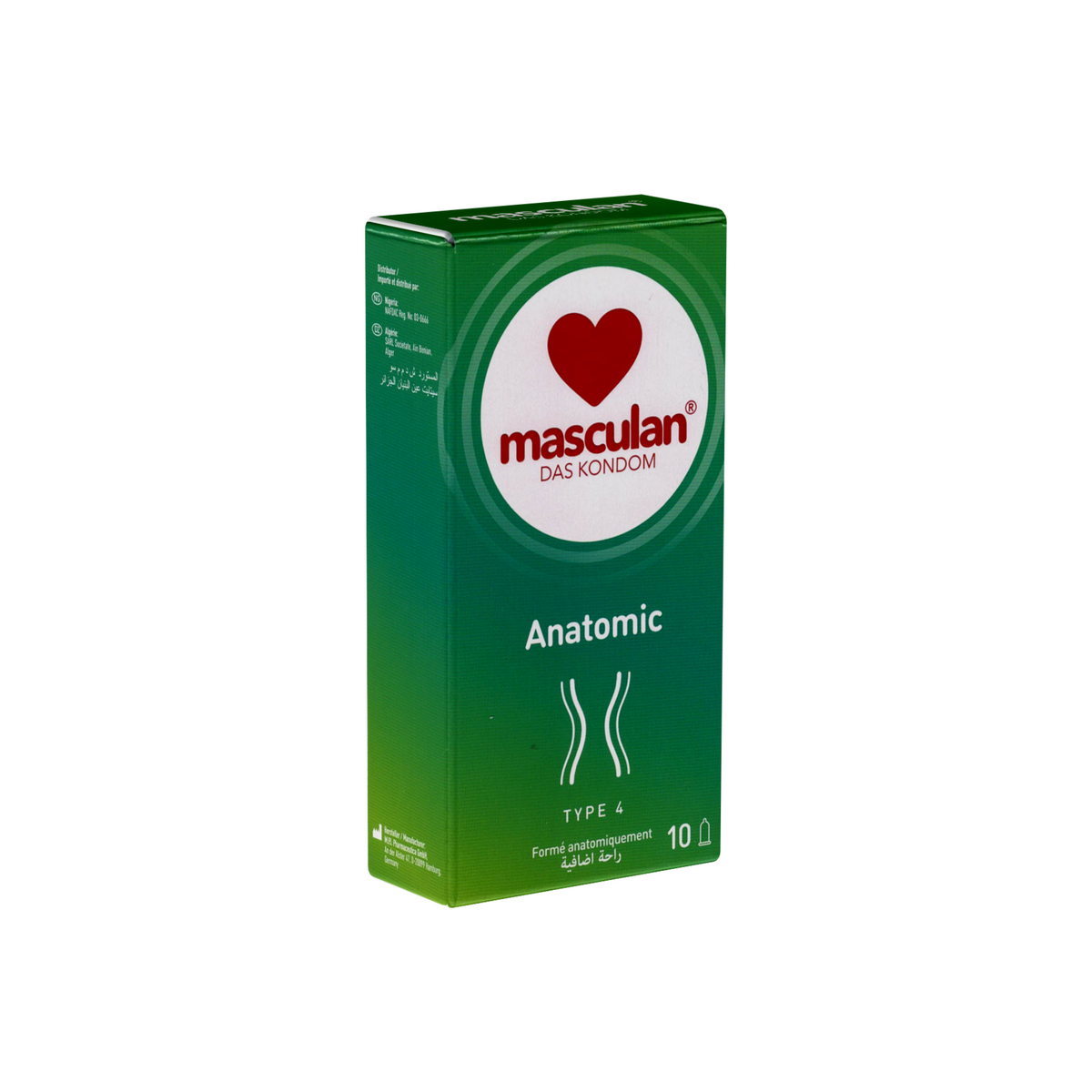 A green and white rectangular box of masculan® Anatomic condoms is centered on a plain white background. The top of the box features the brand name "masculan®" in red, stacked above the German text "DAS KONDOM" in smaller red letters, all enclosed within a white circle and a larger red heart symbol. Imagen principal del producto