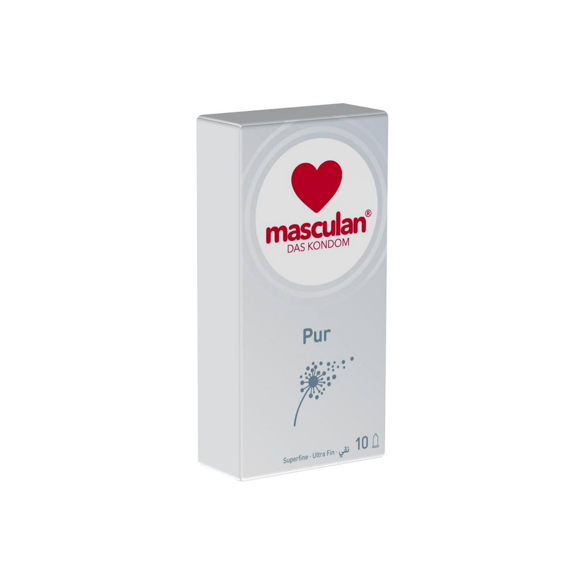 A white rectangular box of masculan® Pur condoms is shown against a plain white background. The top portion of the box features the brand name "masculan®" in red, stacked above the German text "DAS KONDOM" in smaller red letters, all enclosed within a red heart symbol. Imagen principal del producto