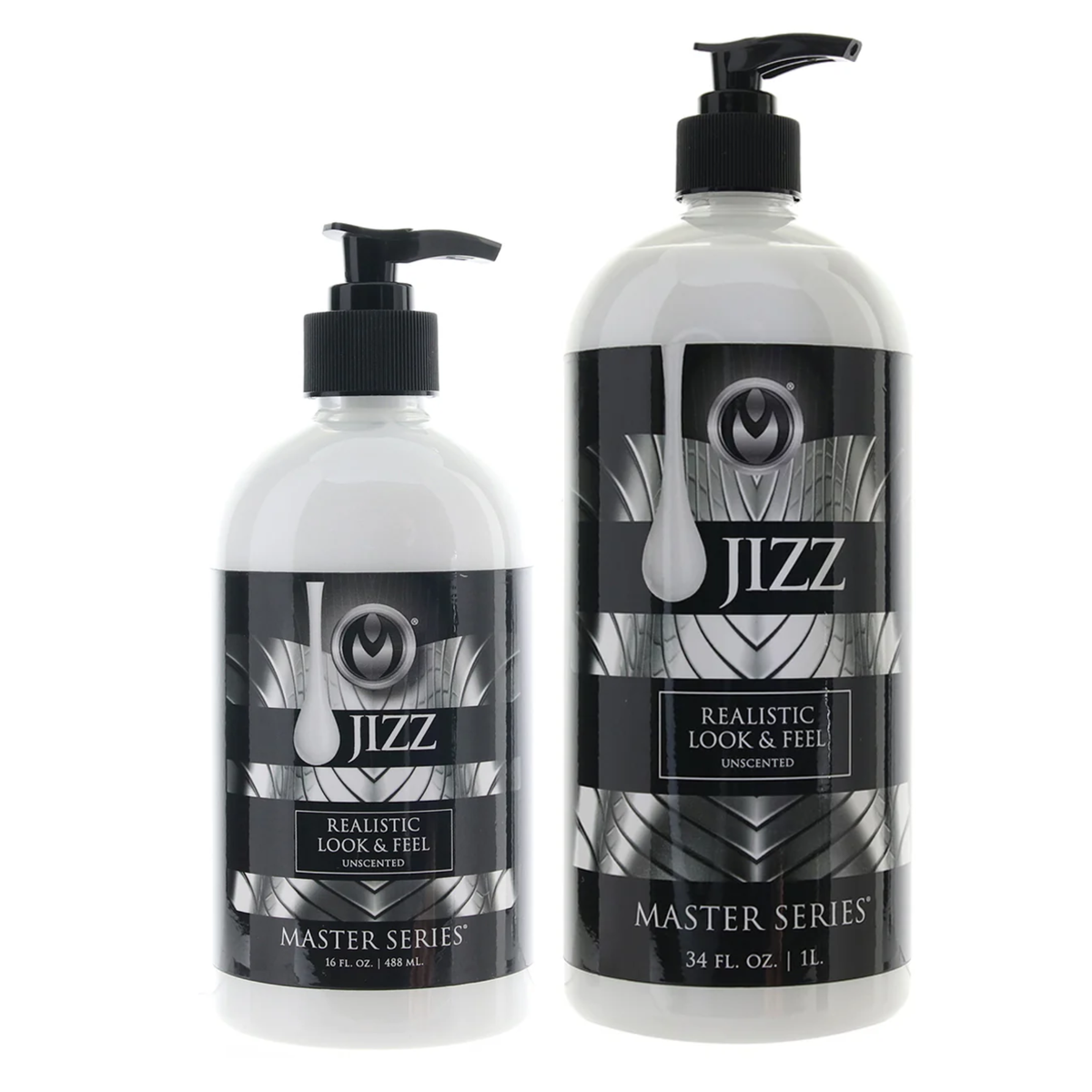 Two white bottles of Master Series Jizz body glide, 16 fl. oz. and 34 fl. oz., standing next to each other. Imagen principal del producto