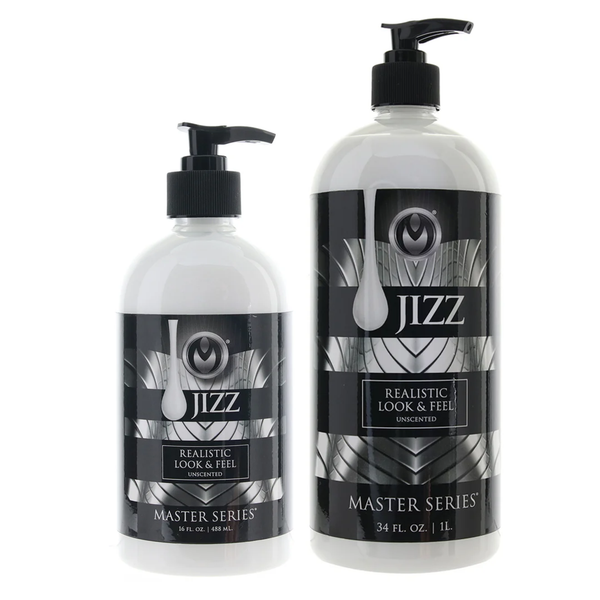 Two white bottles of Master Series Jizz body glide, 16 fl. oz. and 34 fl. oz., standing next to each other.