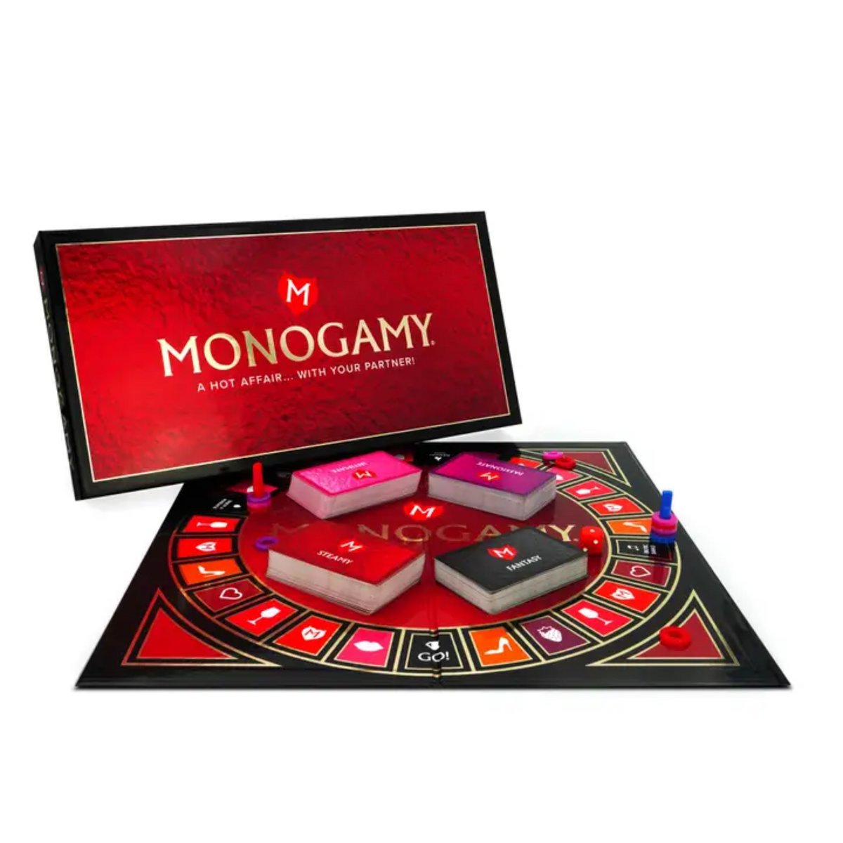An image of the Monogamy: A Hot Affair... With Your Partner! board game. The red box lid is behind the black and red board, which is unfolded and laid out.  Imagen principal del producto