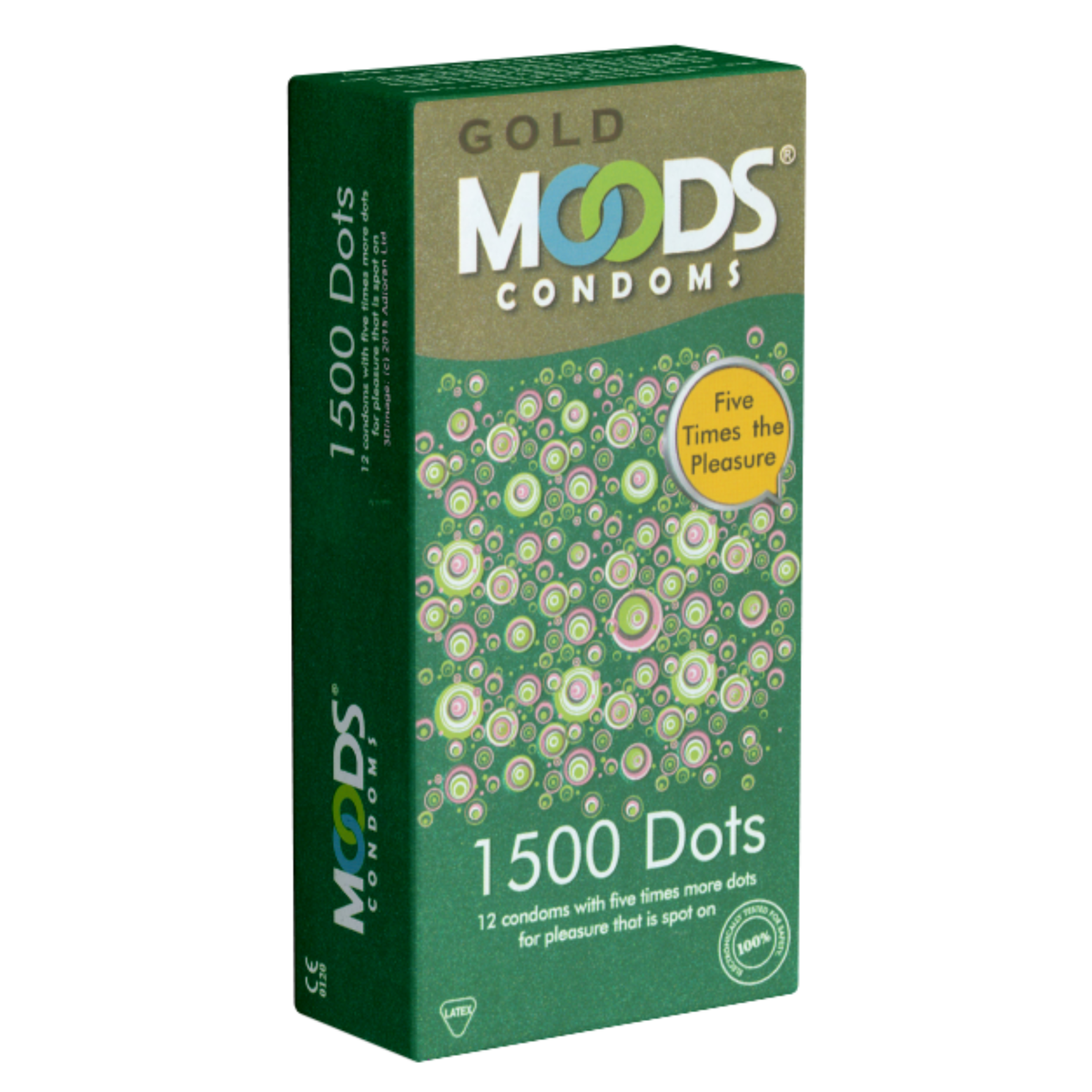 Studio product shot of the Moods Gold 1500 Dots Condoms 12-pack box standing upright at a three-quarter angle against a white background, featuring a green design covered in colorful concentric circle dot patterns and a yellow speech bubble reading "Five Times the Pleasure." Imagen principal del producto
